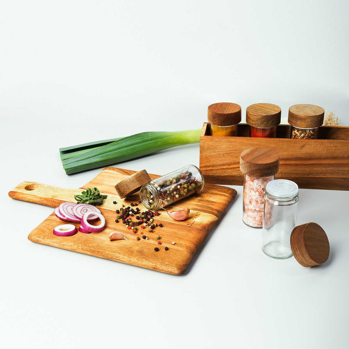 Set 7 posodic za začimbe na stojalu Akacija 32,9 x 6 x 11,6 cm - FLOW Wooden