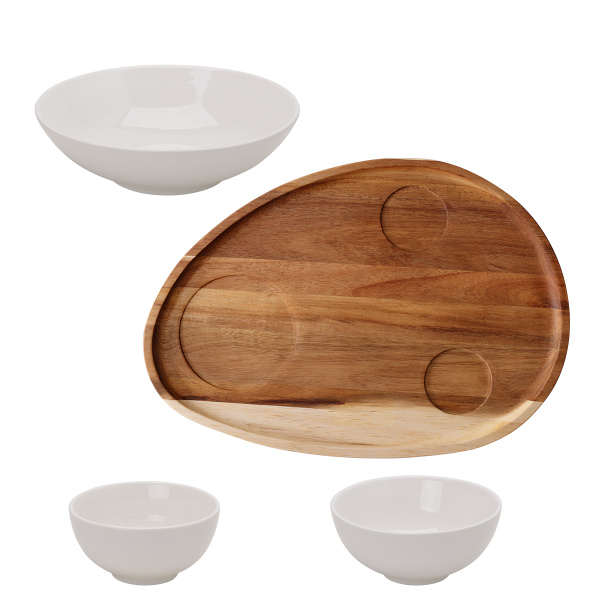 Set Flowl – Skledice Gaya Atelier bele + Pladenj Triangle Akacija
