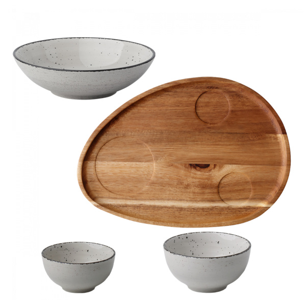 Set Flowl – Skledice Gaya Atelier sive škropljene + Pladenj Triangle Akacija