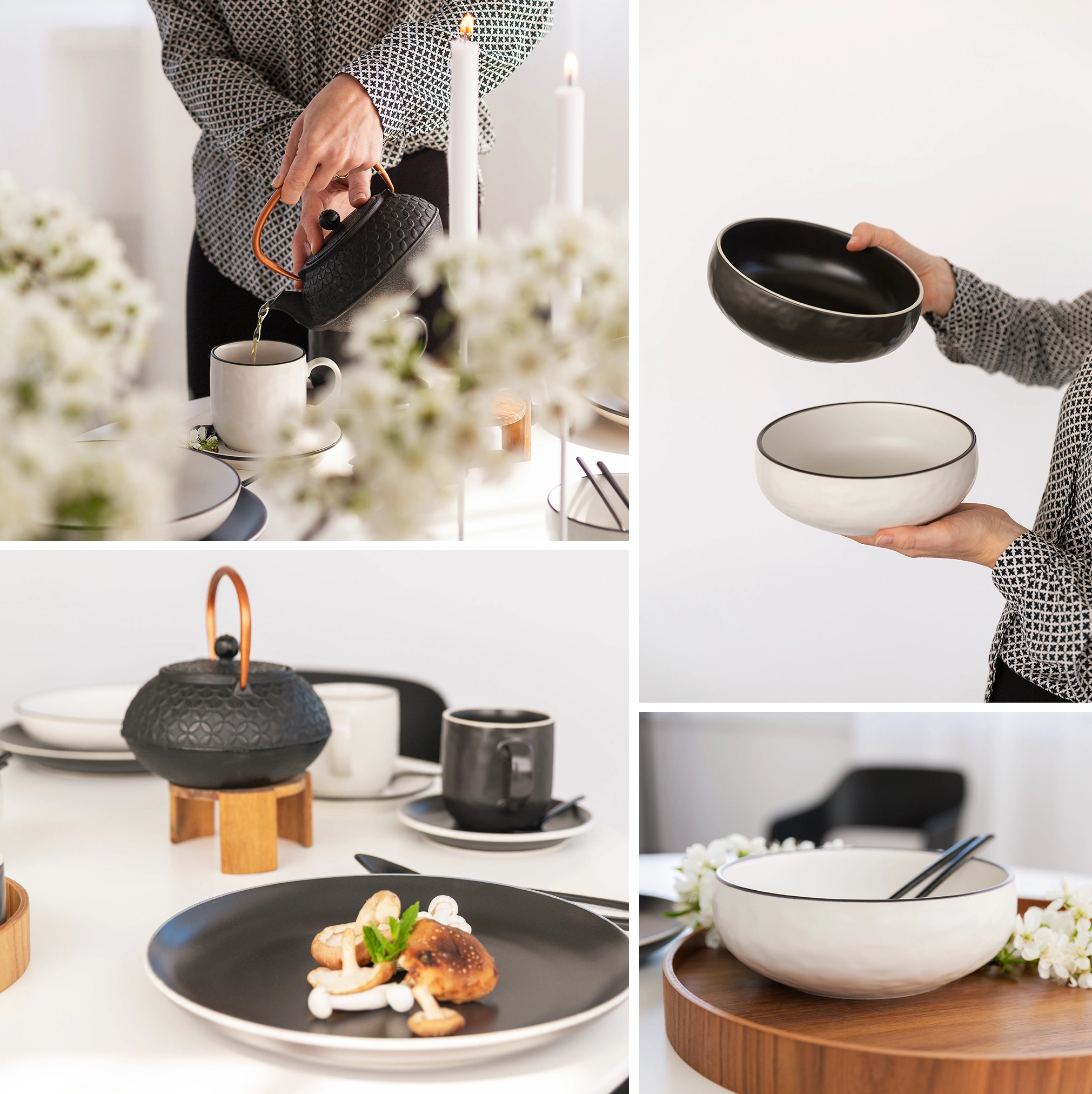 Kolaž črno-belega porcelana, čajnika in pogrnjene mize