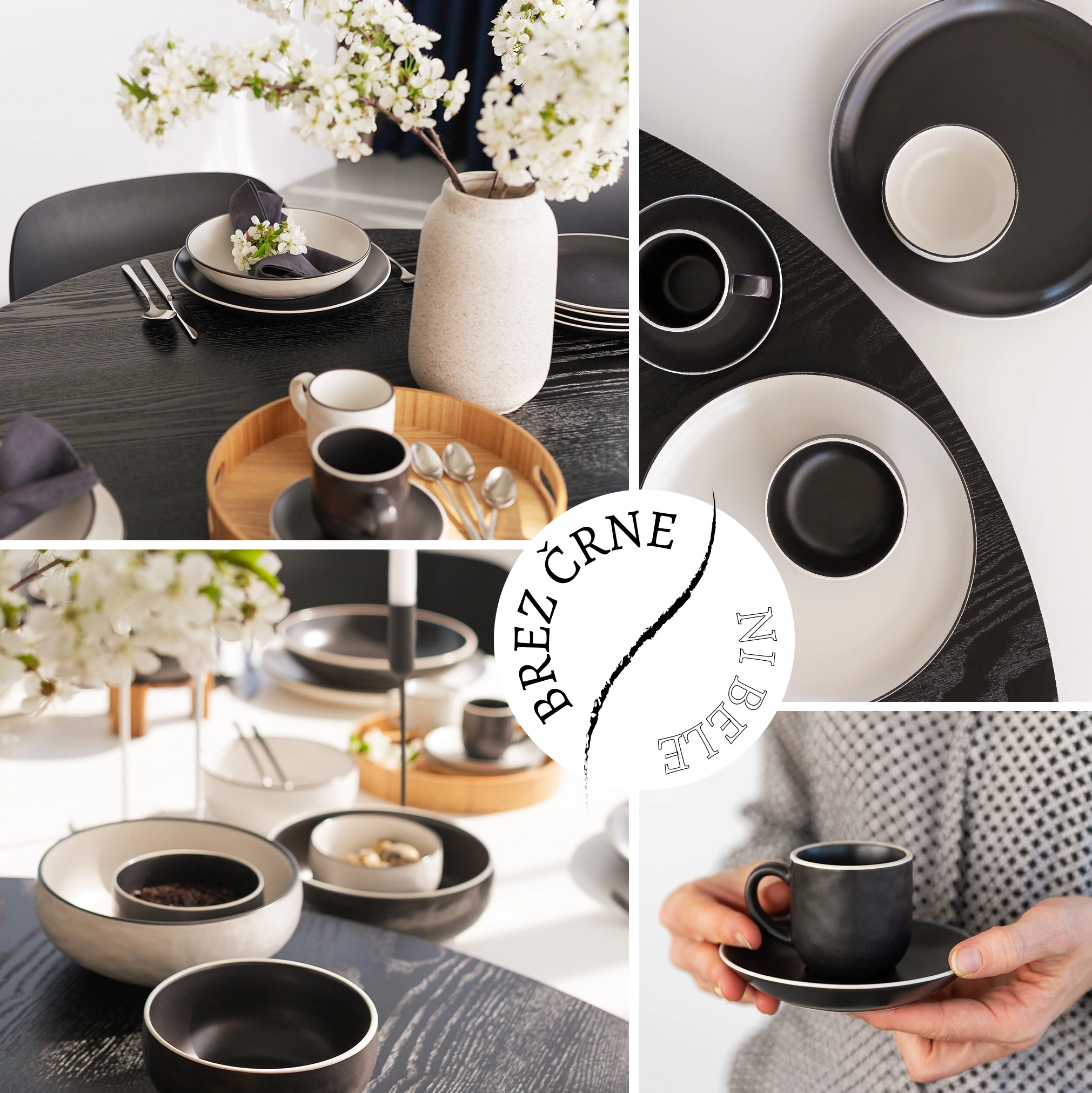 Kolaž belega in črnega porcelana z značko Brez črne ni bele